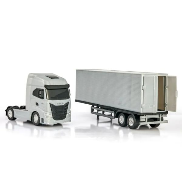 Caminhão Brinquedo Miniatura Iveco S-Way Toco Carreta Baú Prata