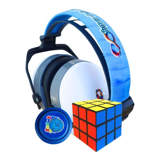 Kit Abafador de Ruidos Autistas 26 DB Branco e Azul + Cubo mágico e Iô Iô Especial