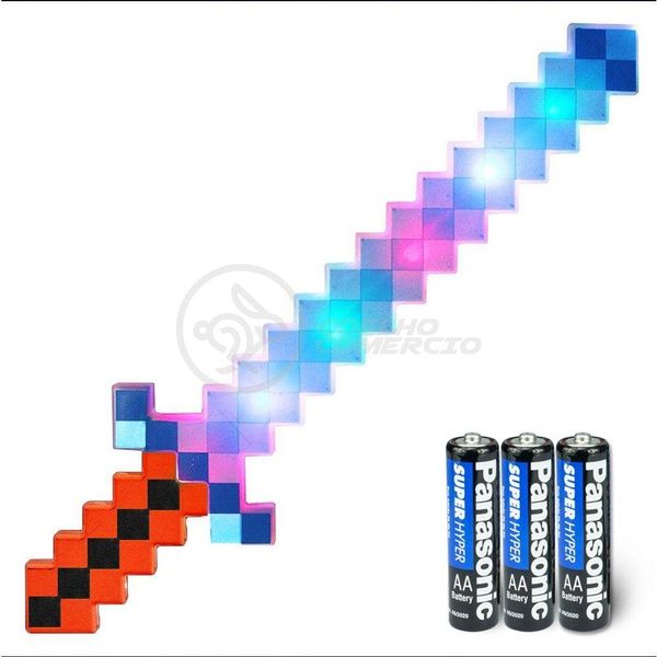 Kit Brinquedo Espada Pixel Minecraft 58cm C/Som Luz+3 Pilhas