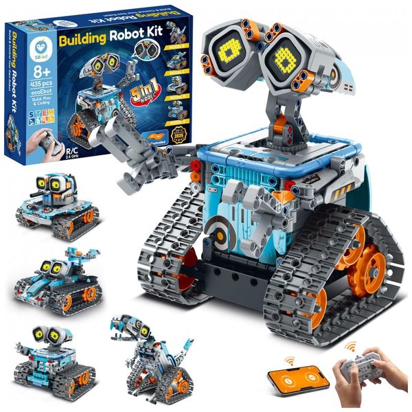 Kit robô 5 em 1 Sillbird com 435 peças, olhos LED, som, controle remoto e app, robótica STEM para crianças 8 a 12 anos