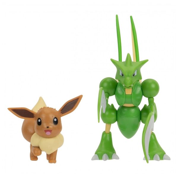 Bonecos Pokémon Eevee 5 cm e Scyther 11,5 cm Jazwares com articulação e ataque de lâmina