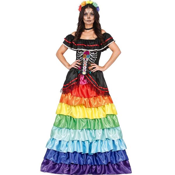 Fantasia Caveira Mexicana Feminina Adulta Luxo Longa de Halloween La Catrina pp / Colorido