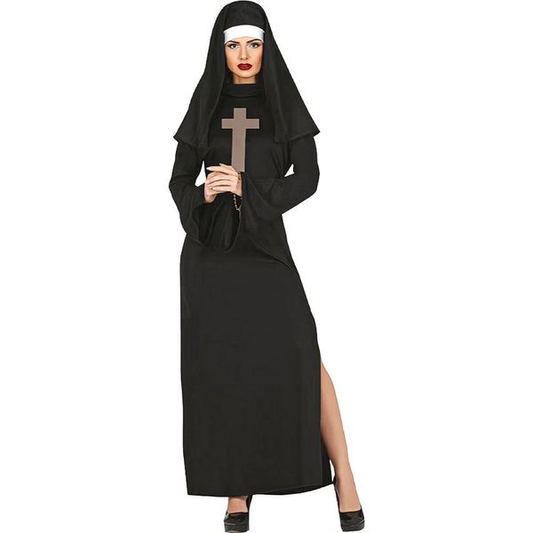 Fantasia Freira Halloween Adulta Feminina Com Véu Preta Classica P / Preto