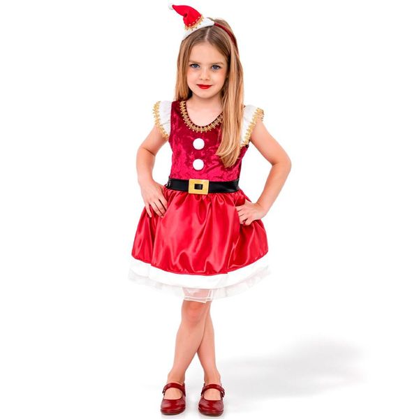 Fantasia Mamãe Noel Infantil pra Menina Vestido Veludo de Natal P / Vermelho