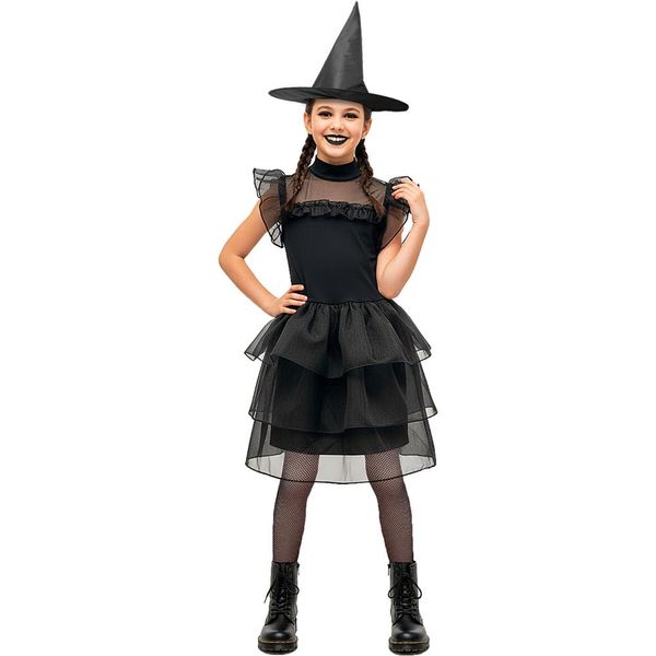 Fantasia Bruxa Infantil Adolescente Menina de Luxo Com Meia e Chapeu Halloween P / Preto