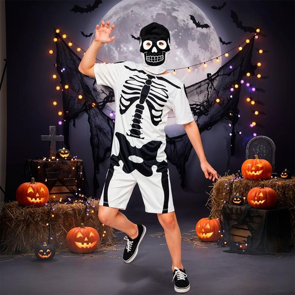 Fantasia Esqueleto Infantil de Halloween Curta com Máscara Caveira G / Branco