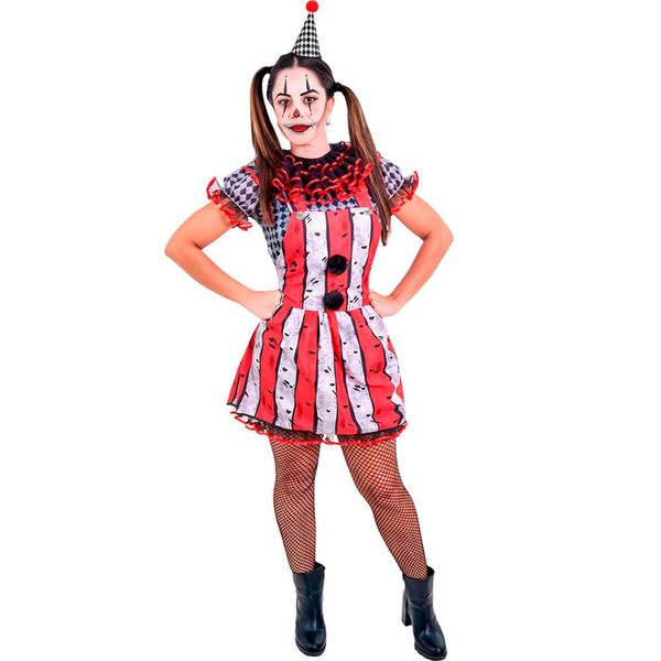 Fantasia Palhaca Feminina de Halloween Luxo com Chapéu GG / Vermelho