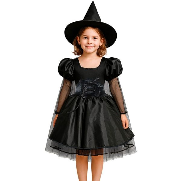 Fantasia Halloween de Bruxa Infantil de Luxo Vestido Preto com Capa G / Preto