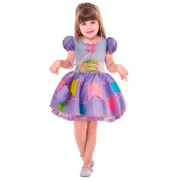 Vestido de Festa Junina Infantil de Luxo Bandeirinhas Com Bolsa M / Lilás