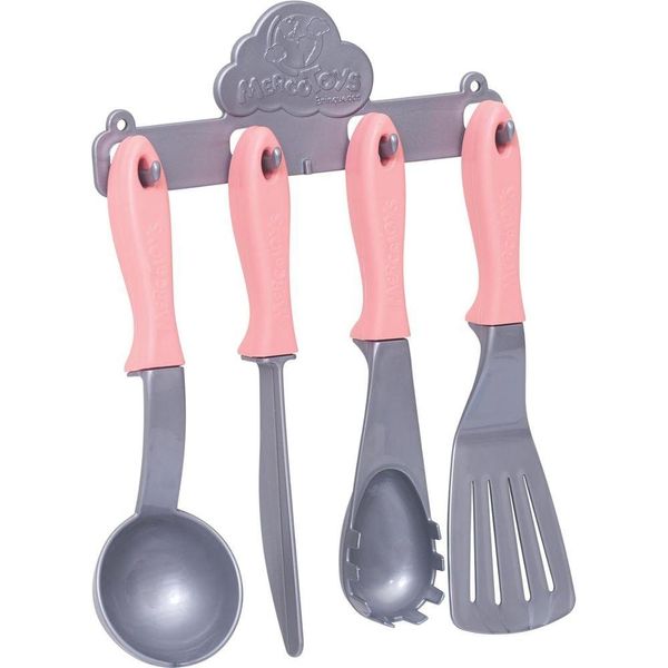 Kit de Utensílios de Cozinha Infantil Baby Gourmet com Suporte para Pendurar Rosa Mercotoys
