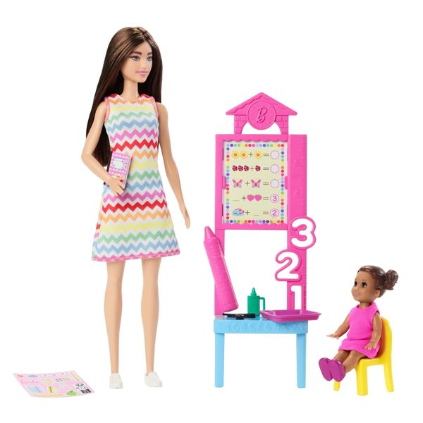 Boneca Barbie Professora Cabelo Castanho c/ Criança e Acessórios - Profissões - Mattel
