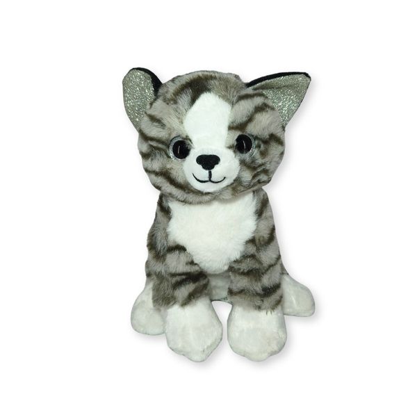 Gatinho De Pelúcia Tigrado Cinza Macio Com Orelhas Brilhantes 21cm Fofo