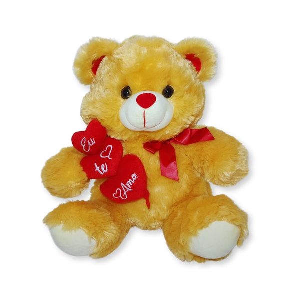 Urso De Pelúcia Romântico Caramelo Com 3 Corações Eu Te Amo 30cm