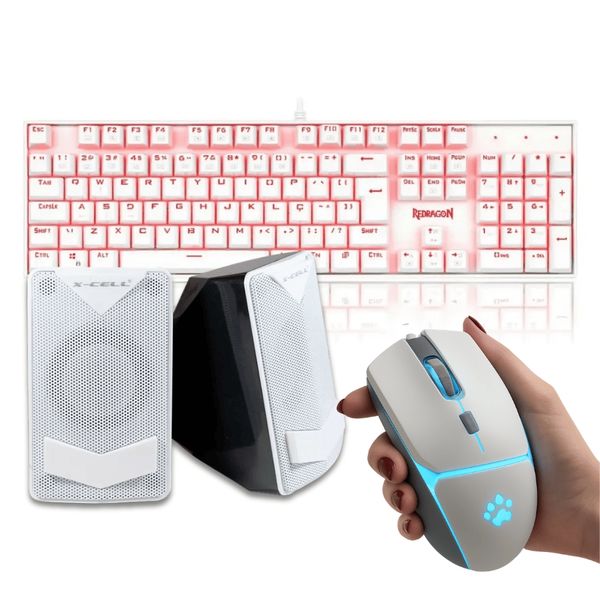 Kit Gamer White Teclado Mecânico Mouse 12800DPI Caixa de Som