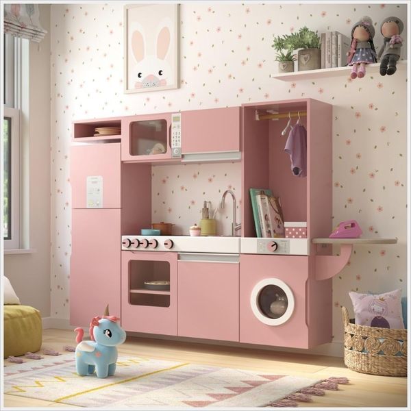 Cozinha Infantil LalicomRefrigerador, Fogão, Micro-ondas, Má. Lavar-tabua Passar Rose