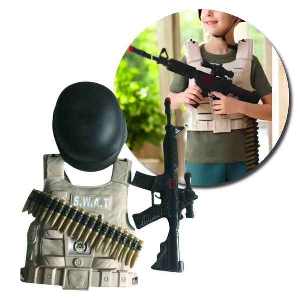 Brinquedo Kit Policial Infantil com Colete Rifle Capacete e Munições Plástico Fullcommerce