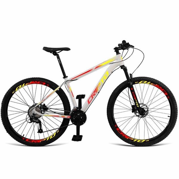 Bicicleta Aro 29 Cripto 24v Shimano Fr. Hidraulico-trava K7 - 19" Branco-amarelo E Vermelho