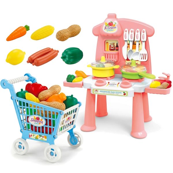 Kit Cozinha Infantil Brinquedo Completo Fogão Utensílios Comidinha e Carrinho Mercado