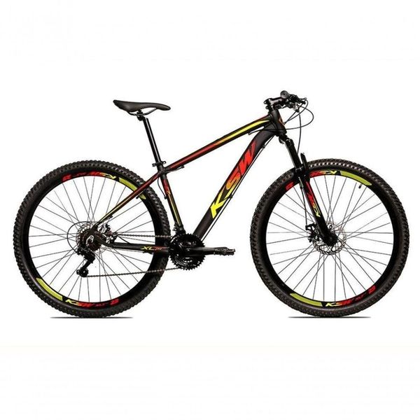 Bicicleta Aro 29 Ksw Xlt Alumínio 24v Câmbios Shimano Garfo Com Trava No Ombro - Preto-vermelho-amarelo Tam.21