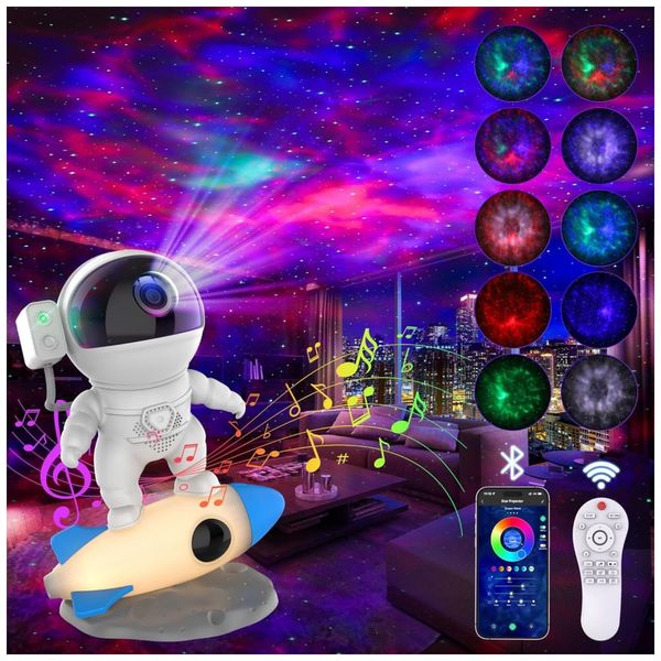 Projetor de Galáxia Astronauta com Controle por App, Bluetooth, Ruído Branco e Luz Noturna Foguete para Quarto