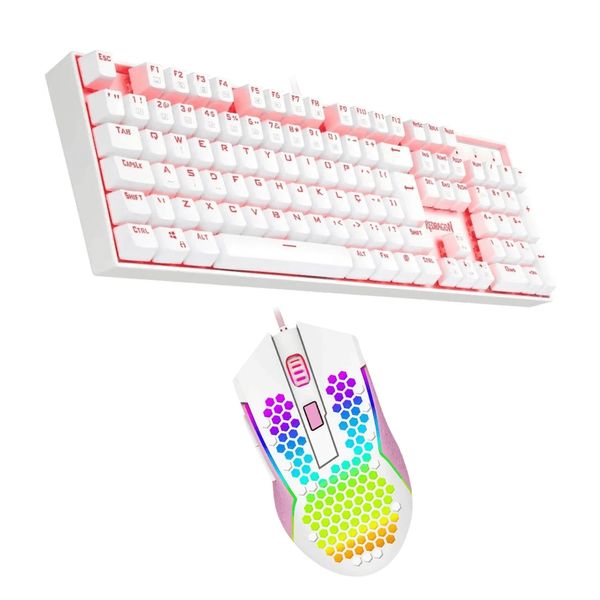 Kit Gamer White Redragon Teclado Switch Blue Mouse 32000 DPI