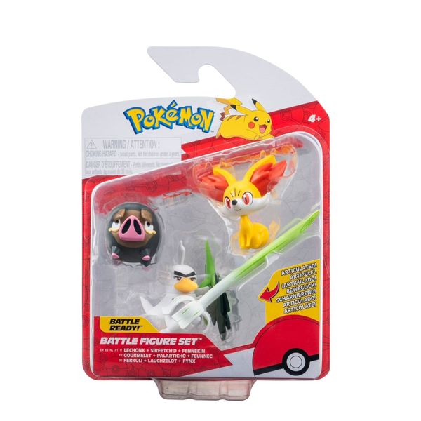 Bonecos Lechonk + Sirfetch'd + Fennekin - Pokémon - Battle Figure Set - Jazwares