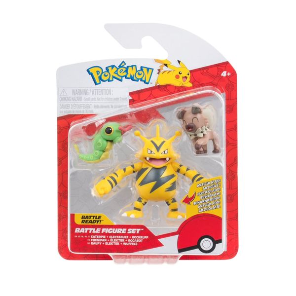 Bonecos Caterpie + Electabuzz + Rockruff - Pokémon - Battle Figure Set - Jazwares